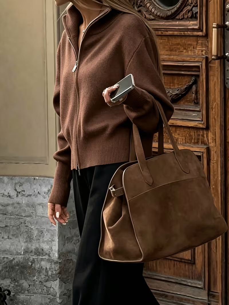 Women's Zip Up Knit Cardigan with Wide Collar and Ribbed Cuffs in Brown – Side View