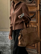 Women's Zip Up Knit Cardigan with Wide Collar and Ribbed Cuffs in Brown – Side View