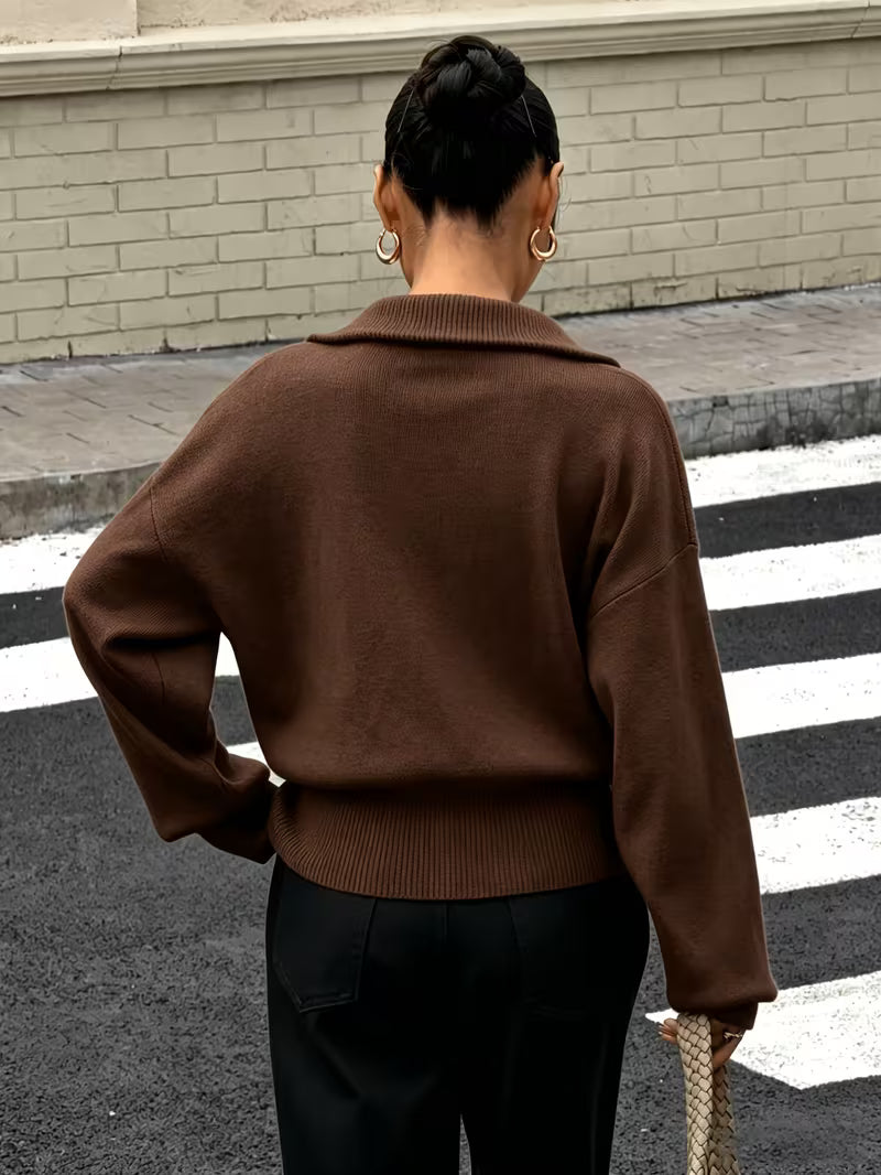 Women's Zip Up Knit Cardigan with Wide Collar and Ribbed Cuffs in Brown – Back View
