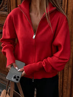Women's Zip Up Knit Cardigan with Wide Collar and Ribbed Cuffs in Red – Front View