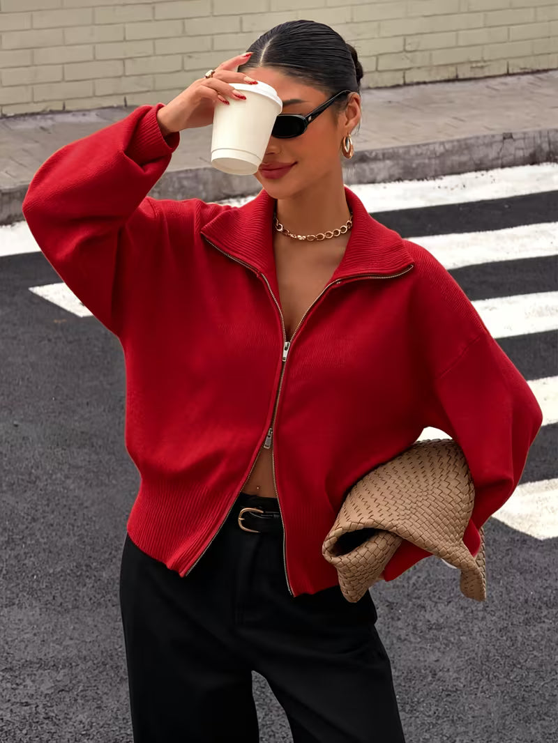 Women's Zip Up Knit Cardigan with Wide Collar and Ribbed Cuffs in Red – Three-Quarter View
