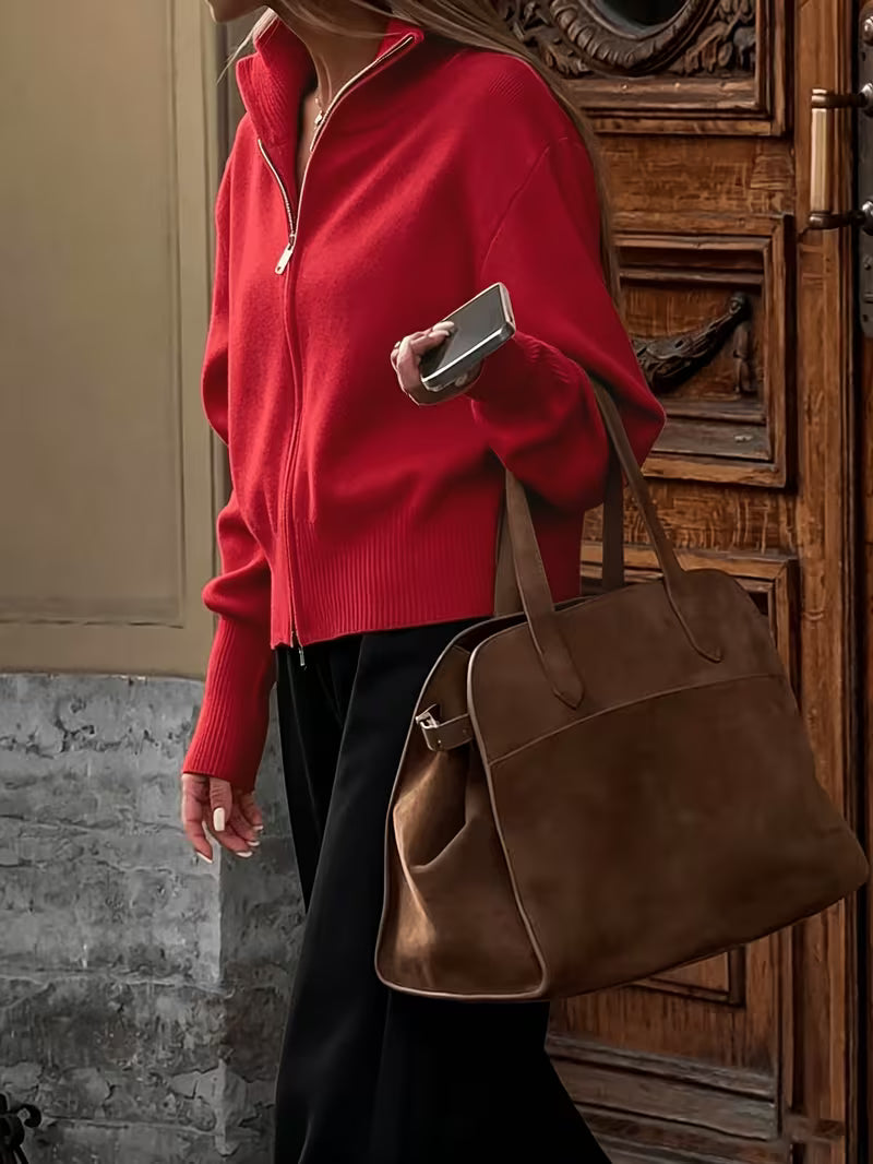 Women's Zip Up Knit Cardigan with Wide Collar and Ribbed Cuffs in Red – Side View