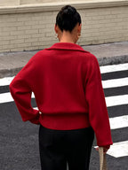 Women's Zip Up Knit Cardigan with Wide Collar and Ribbed Cuffs in Red – Back View