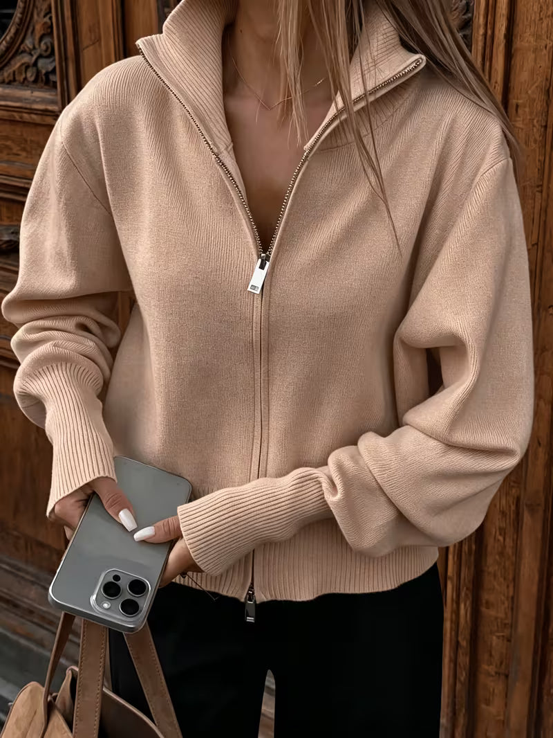 Women's Zip Up Knit Cardigan with Wide Collar and Ribbed Cuffs in Beige – Front View