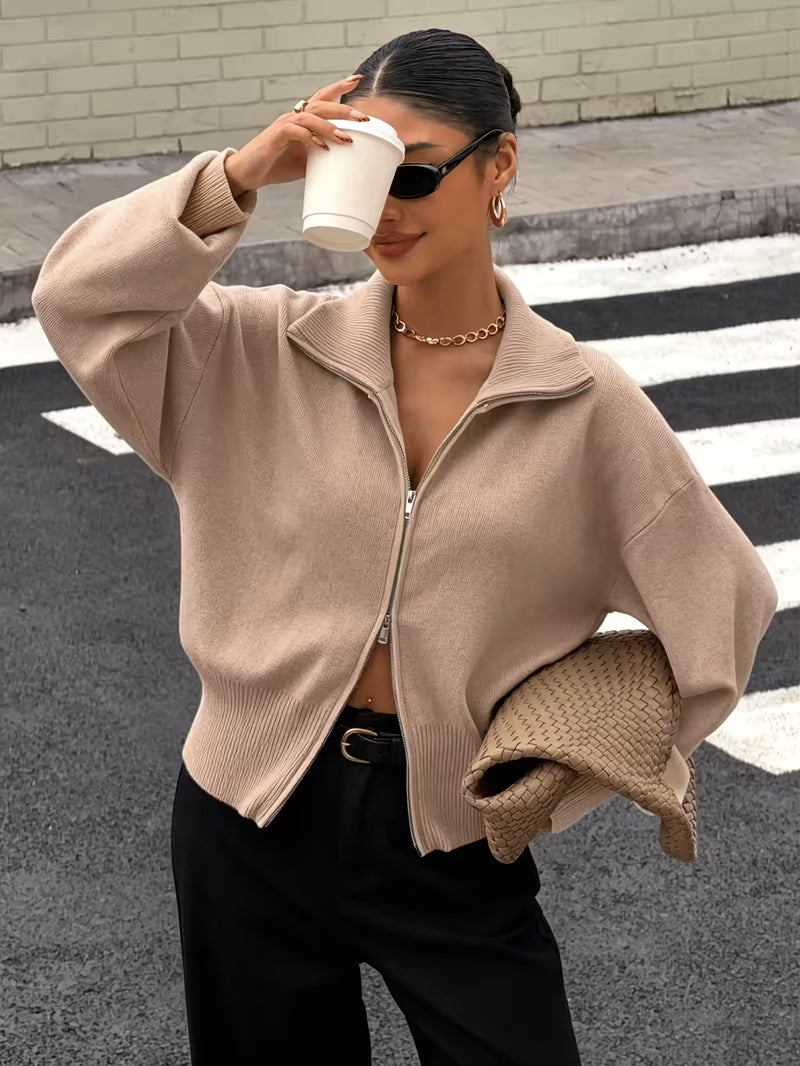 Women's Zip Up Knit Cardigan with Wide Collar and Ribbed Cuffs in Beige – Three-Quarter View