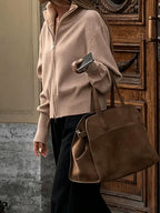 Women's Zip Up Knit Cardigan with Wide Collar and Ribbed Cuffs in Beige – Side View