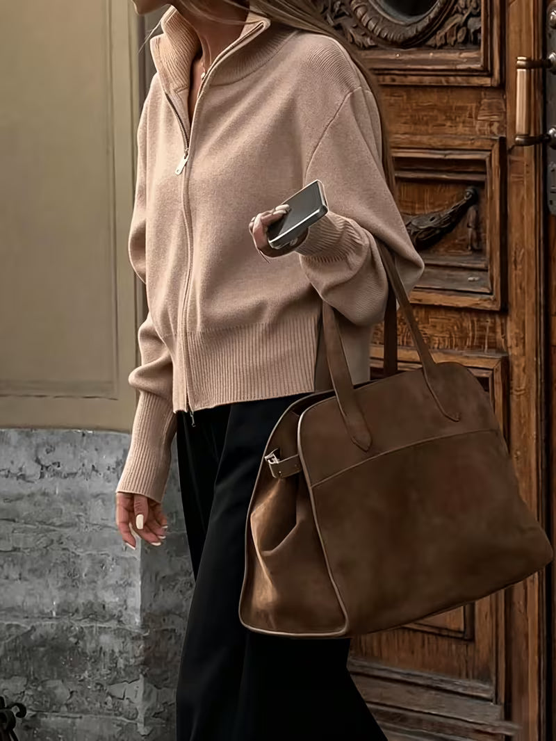 Women's Zip Up Knit Cardigan with Wide Collar and Ribbed Cuffs in Beige – Side View