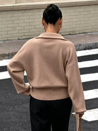 Women's Zip Up Knit Cardigan with Wide Collar and Ribbed Cuffs in Beige – Back View