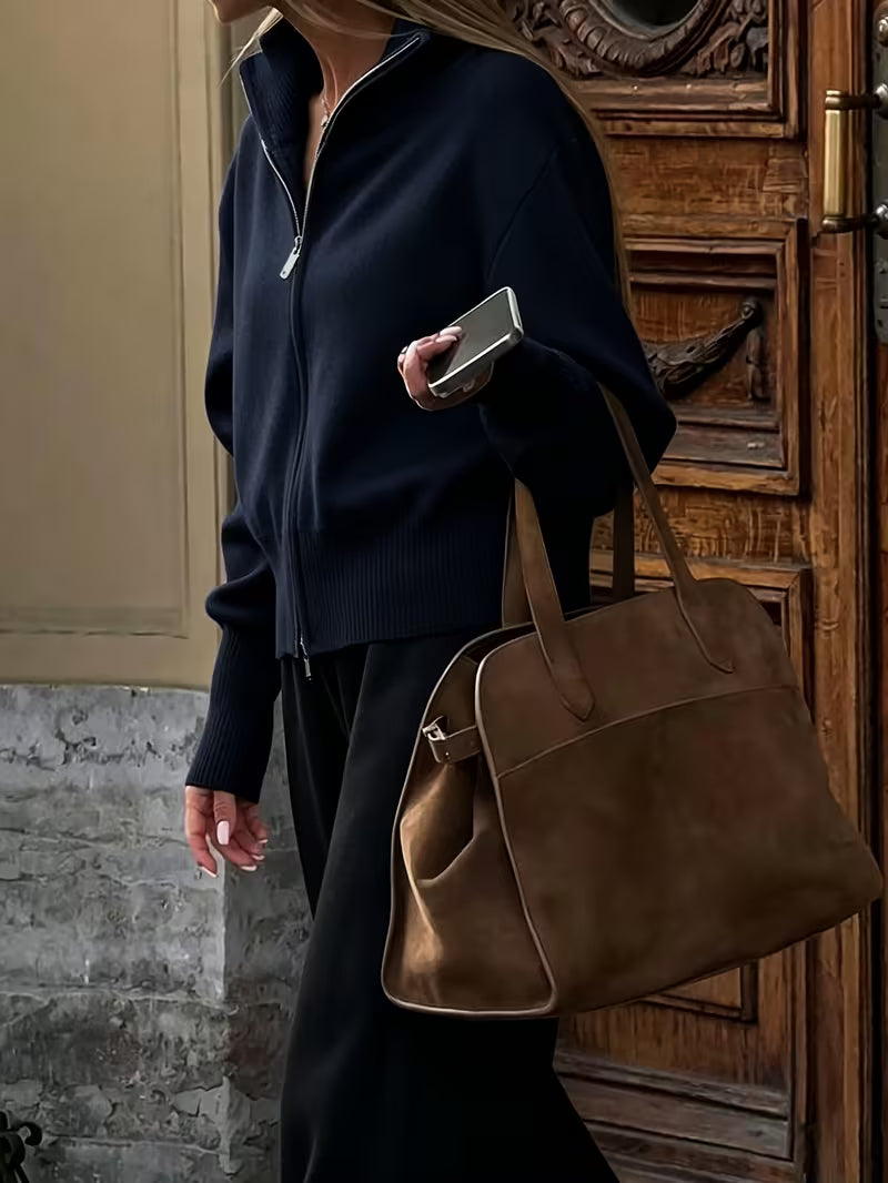 Women's Zip Up Knit Cardigan with Wide Collar and Ribbed Cuffs in Navy – Side View