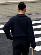 Women's Zip Up Knit Cardigan with Wide Collar and Ribbed Cuffs in Navy – Back View