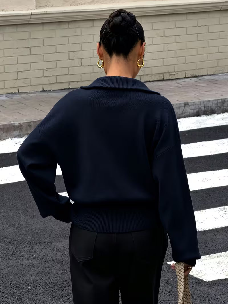 Women's Zip Up Knit Cardigan with Wide Collar and Ribbed Cuffs in Navy – Back View