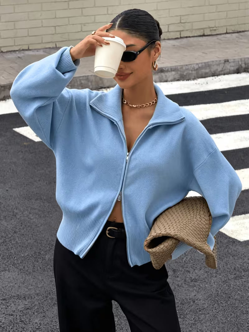 Women's Zip Up Knit Cardigan with Wide Collar and Ribbed Cuffs in Light Blue – Three-Quarter View