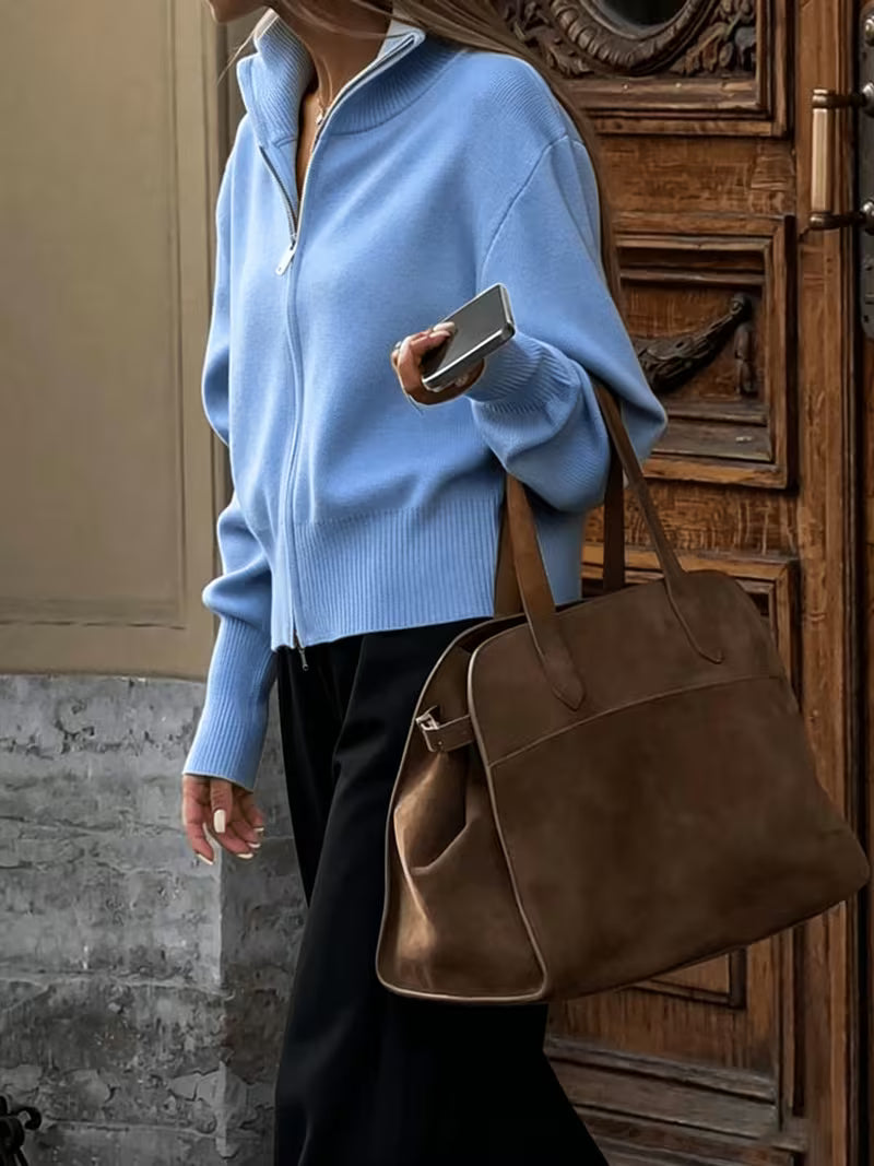 Women's Zip Up Knit Cardigan with Wide Collar and Ribbed Cuffs in Light Blue – Side View