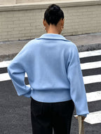 Women's Zip Up Knit Cardigan with Wide Collar and Ribbed Cuffs in Light Blue – Back View