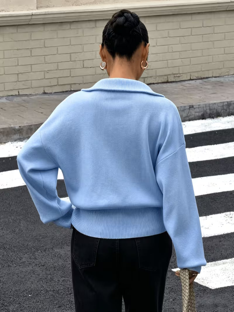 Women's Zip Up Knit Cardigan with Wide Collar and Ribbed Cuffs in Light Blue – Back View