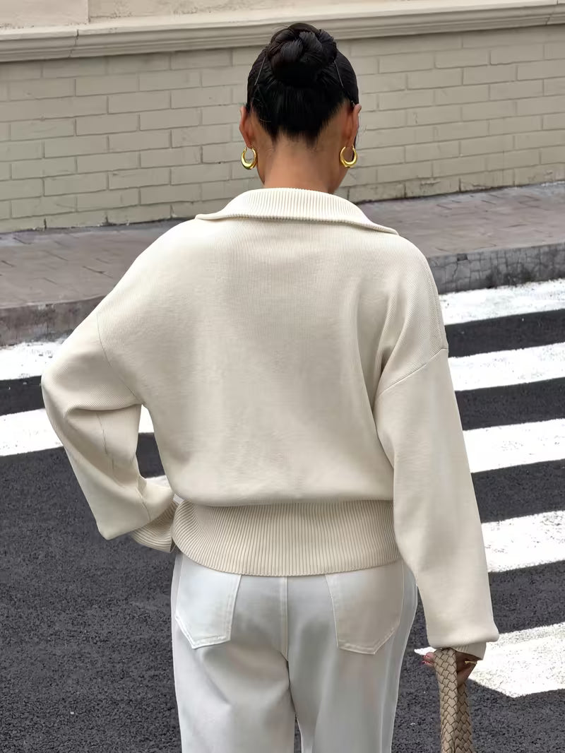 Women's Zip Up Knit Cardigan with Wide Collar and Ribbed Cuffs in Off White – Back View