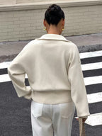 Women's Zip Up Knit Cardigan with Wide Collar and Ribbed Cuffs in Off White – Back View