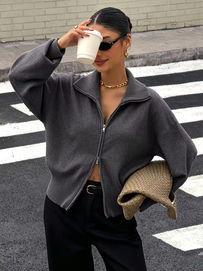 Women's Zip Up Knit Cardigan with Wide Collar and Ribbed Cuffs in Grey – Three-Quarter View