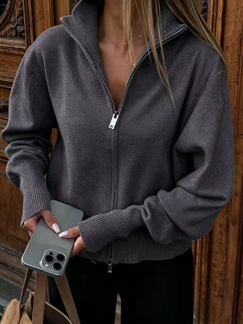 Women's Zip Up Knit Cardigan with Wide Collar and Ribbed Cuffs in Grey – Front View