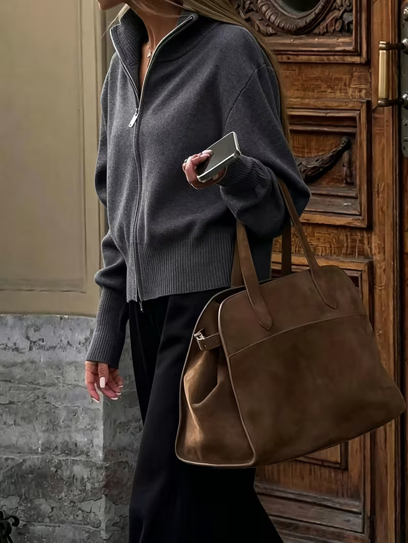 Women's Zip Up Knit Cardigan with Wide Collar and Ribbed Cuffs in Grey – Side View