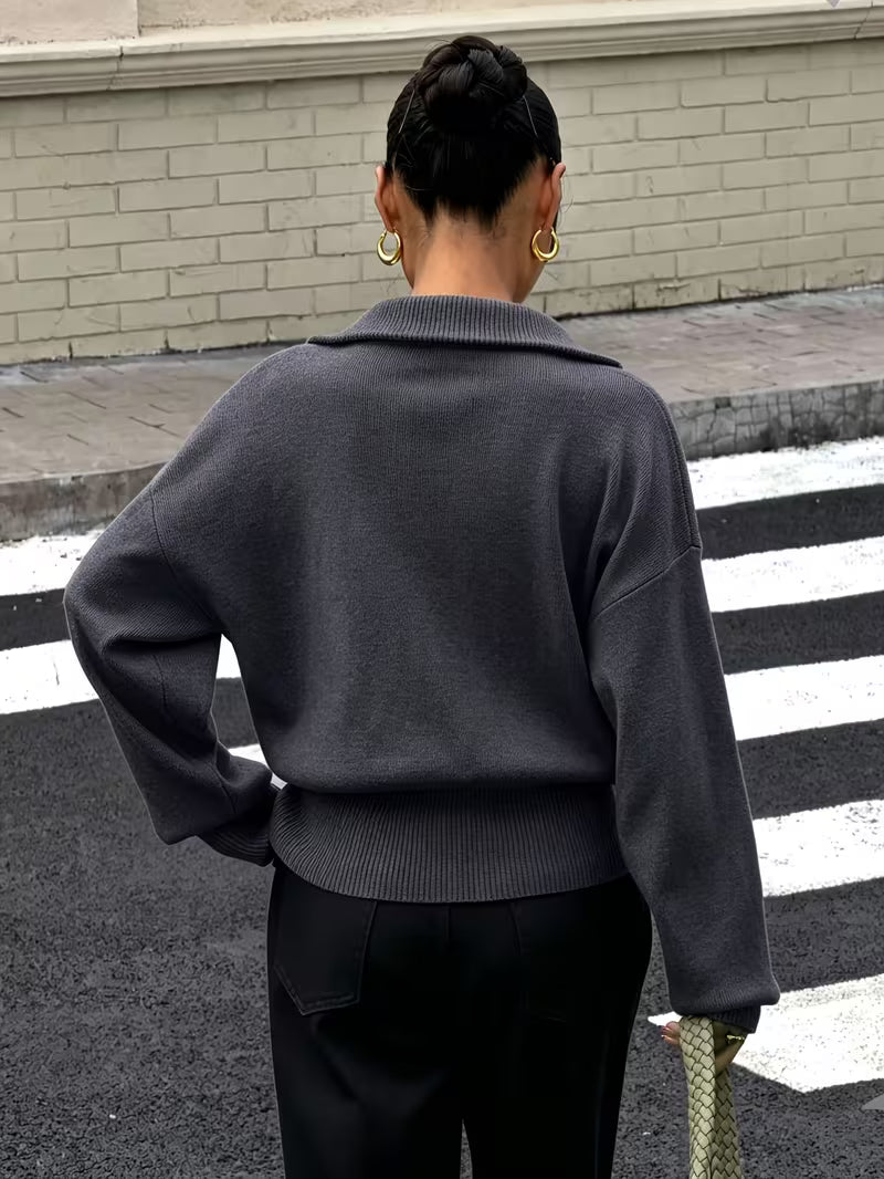Women's Zip Up Knit Cardigan with Wide Collar and Ribbed Cuffs in Grey – Back View