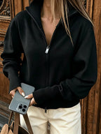 Women's Zip Up Knit Cardigan with Wide Collar and Ribbed Cuffs in Black – Front View