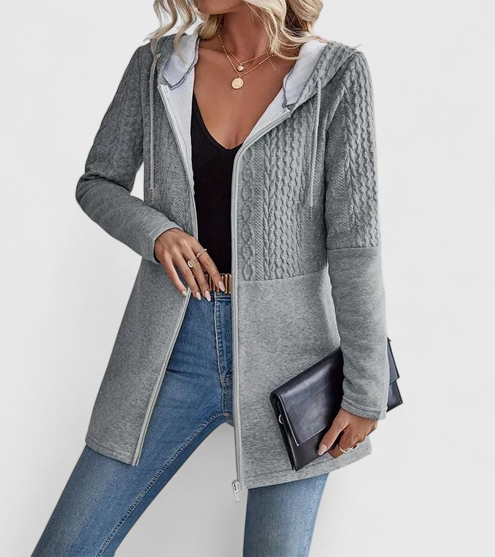 Women's Hooded Zip Up Jacket with Cable Texture