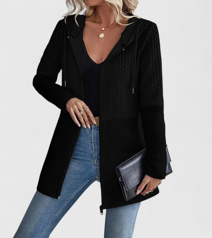 Women's Hooded Zip Up Jacket with Cable Texture