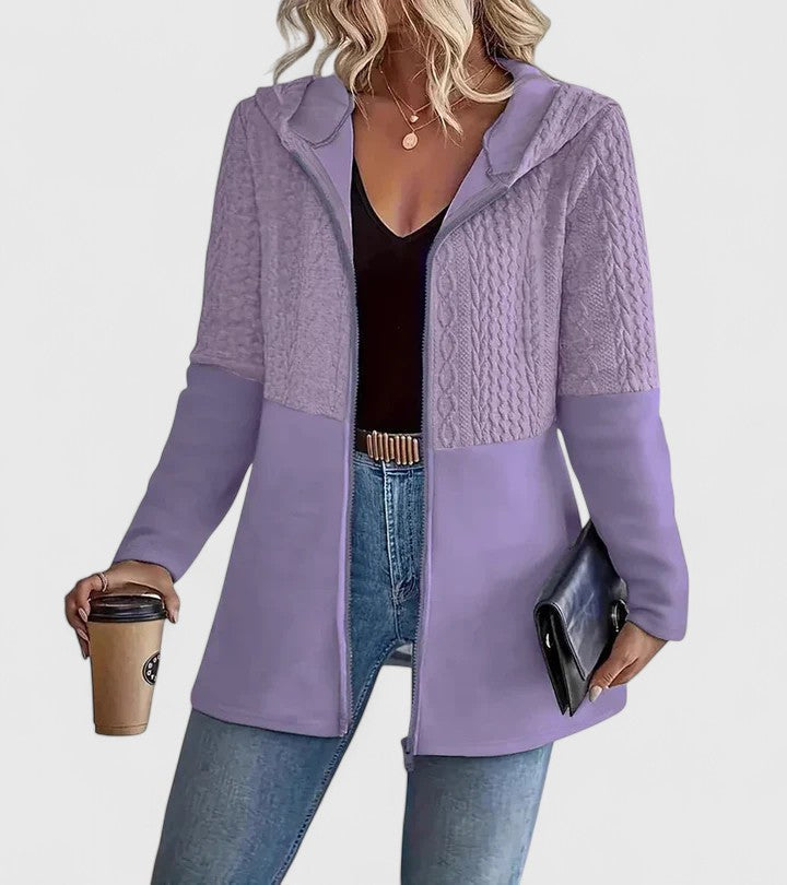 Women's Hooded Zip Up Jacket with Cable Texture