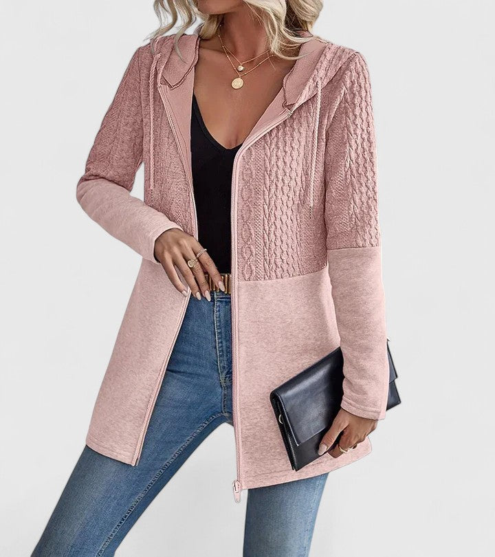 Women's Hooded Zip Up Jacket with Cable Texture