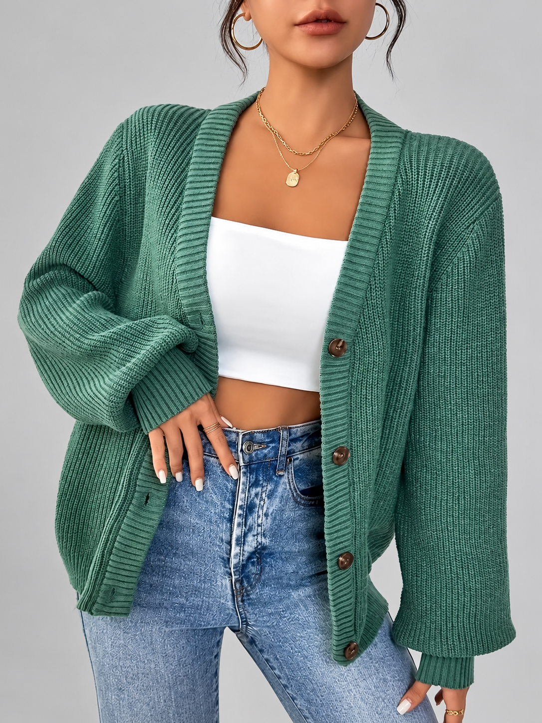 Women's Chunky Ribbed Knit Cardigan with V-Neck and Button Front