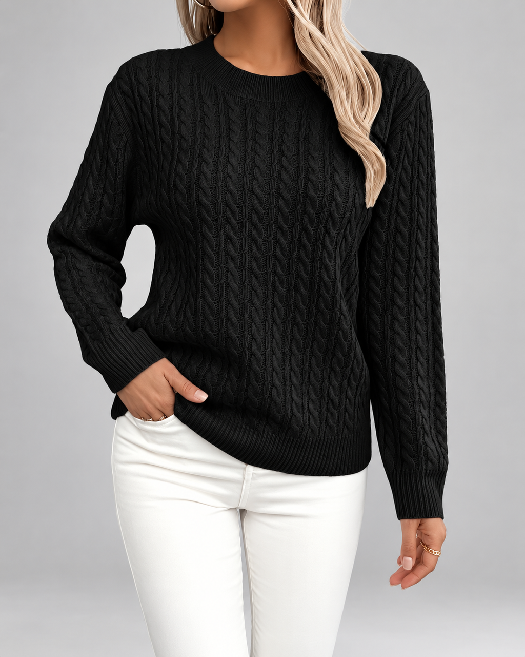Women's Cable Textured Jumper with Crew Neck and Ribbed Cuffs
